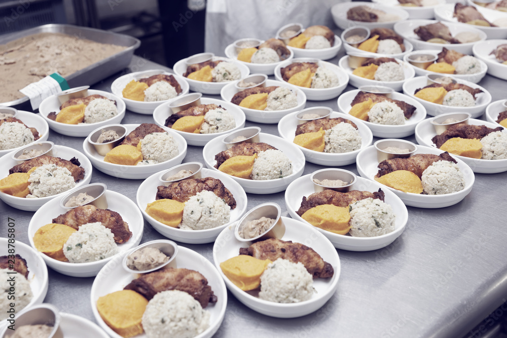 Airline food cooked in commercial kitchen, toned Airline food cooked in commercial kitchen, toned