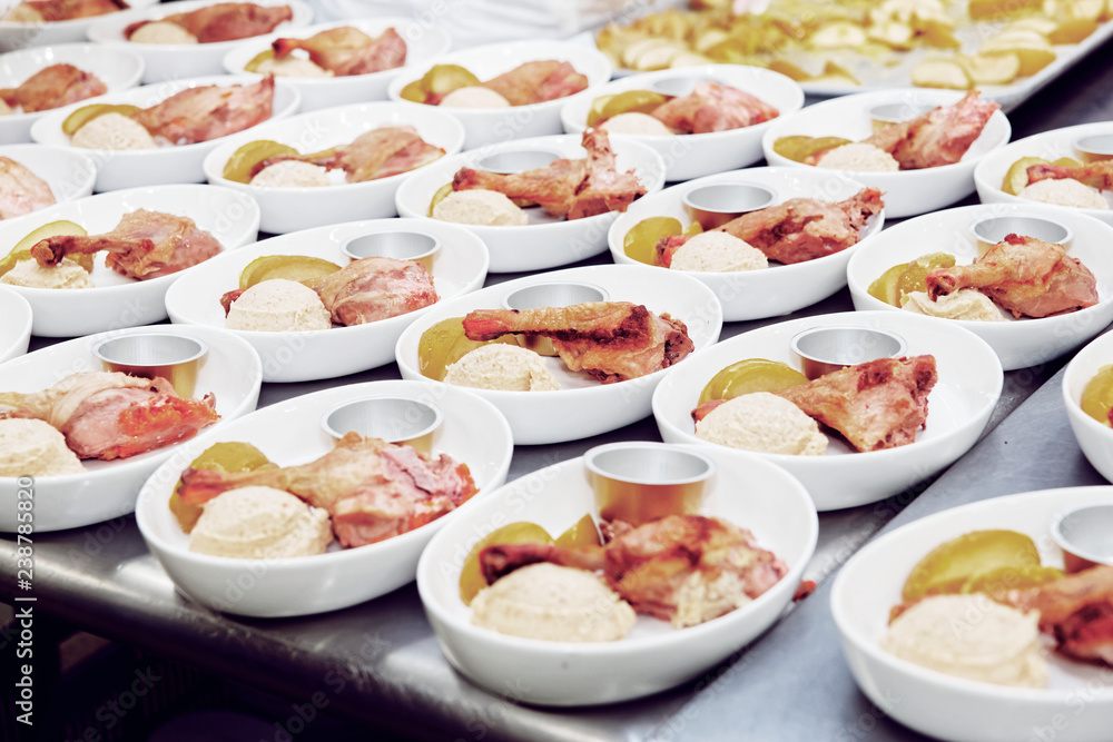 Fototapeta premium Airline food cooked in commercial kitchen, toned