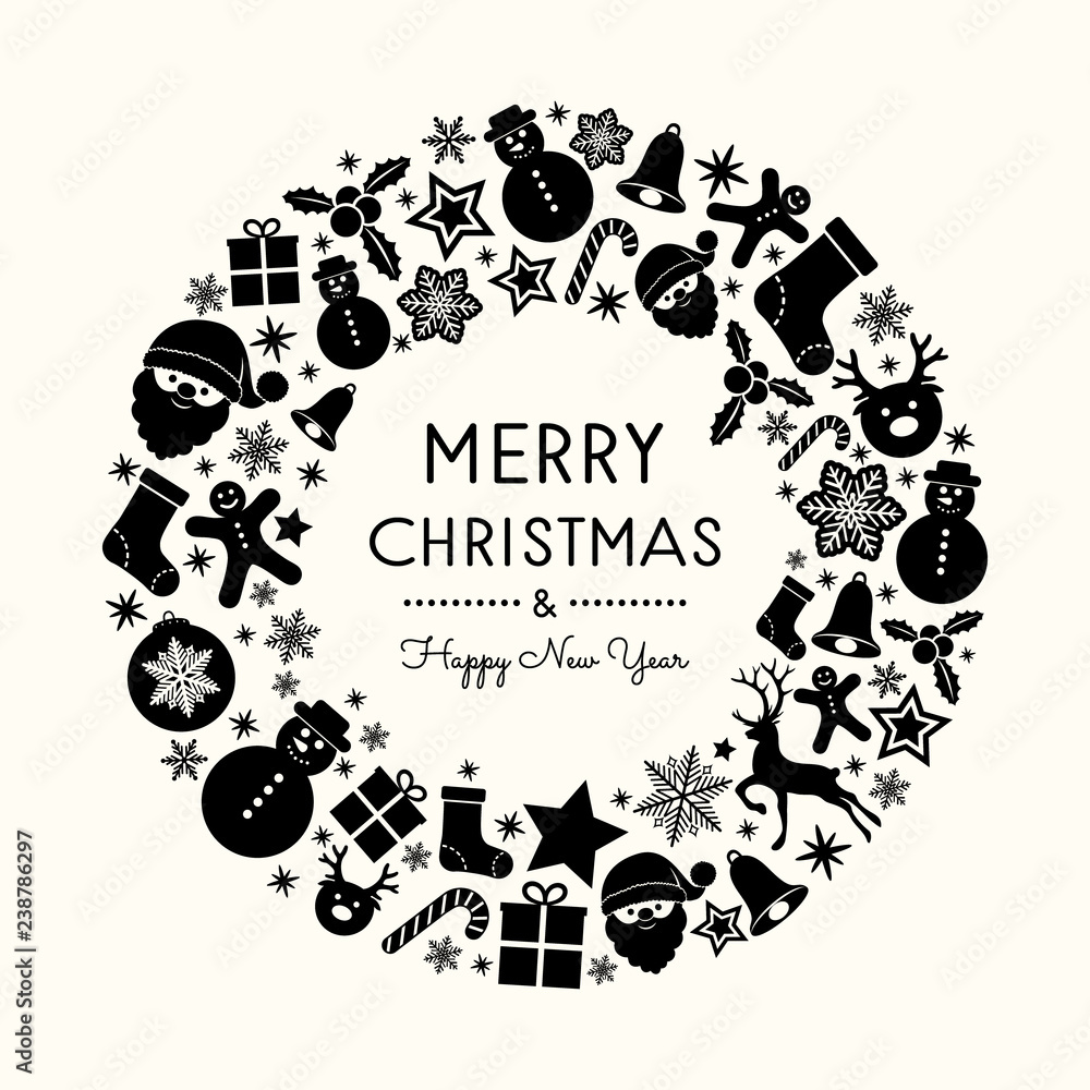 Design of Christmas greeting card with with wreath and decorations. Vector.