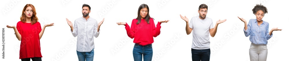 Collage of group chinese, indian, hispanic people over isolated background clueless and confused expression with arms and hands raised. Doubt concept. Collage of group chinese, indian, hispanic people over isolated background clueless and confused expression with arms and hands raised. Doubt concept.