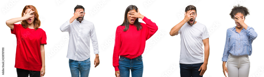 Collage of group chinese, indian, hispanic people over isolated background peeking in shock covering face and eyes with hand, looking through fingers with embarrassed expression. Collage of group chinese, indian, hispanic people over isolated background peeking in shock covering face and eyes with hand, looking through fingers with embarrassed expression.