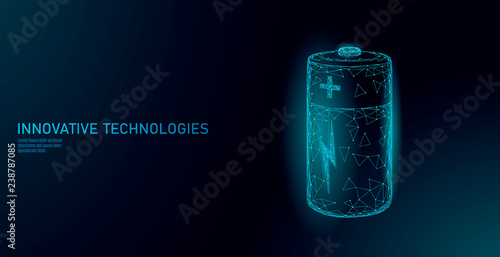 Fully charged polygonal alkaline battery. Energy power storage electric rechargeable supply. Blue glowing low poly polygon particle space dark sky industry technology concept vector illustration