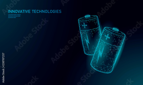 Fully charged polygonal alkaline battery. Energy power storage electric rechargeable supply. Blue glowing low poly polygon particle space dark sky industry technology concept vector illustration