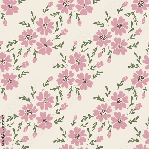 Light pink flowers with green leaves on white background diagonal seamless vector pattern