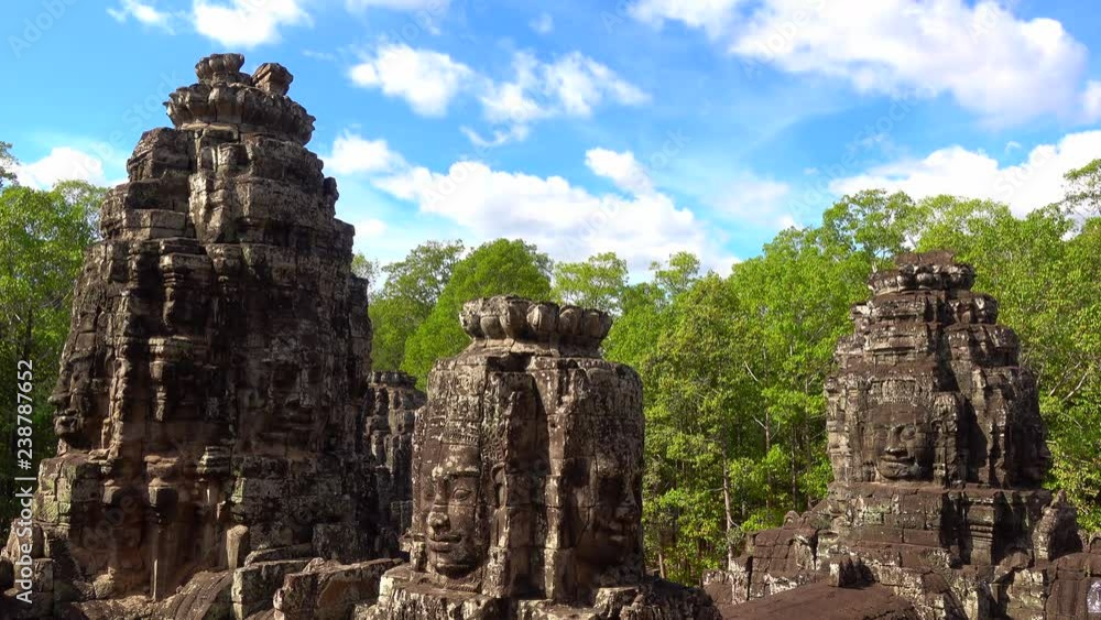 Faces of Bayon temple in Angkor Thom, Siemreap, Cambodia. The Bayon Temple (Prasat Bayon ) is a richly decorated Khmer temple at Angkor , ancient architecture in Cambodia