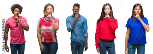 Composition of african american, hispanic and chinese group of people over isolated white background asking to be quiet with finger on lips. Silence and secret concept.