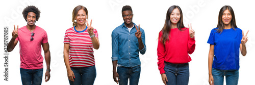 Composition of african american, hispanic and chinese group of people over isolated white background showing and pointing up with fingers number two while smiling confident and happy.
