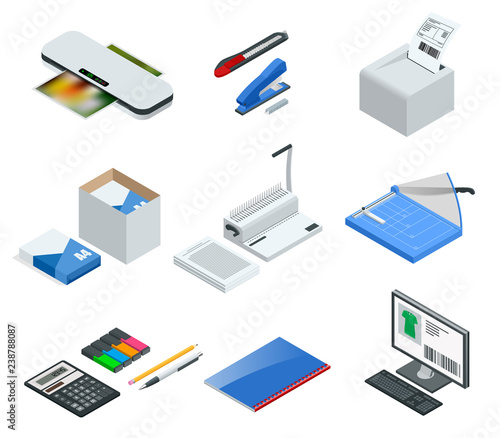 Isometric set of office tools. Vector icons illustration stapler, laminator, binder, office knife, multifunctional office printer, office cutter