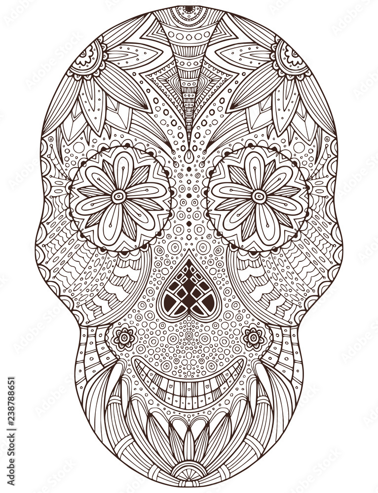 hand-drawn-mexican-sugar-skull-with-flowers-pattern-isolated-vector-art-for-adult-coloring-book-page-skull-print-tattoo-design-stock-vector-adobe-stock