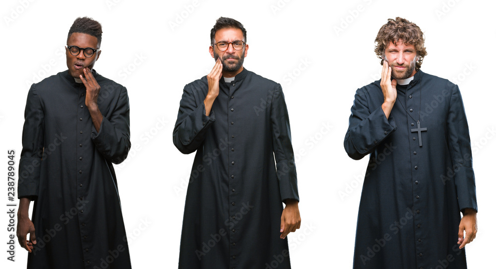 Collage of christian priest men over isolated background touching mouth with hand with painful expression because of toothache or dental illness on teeth. Dentist concept. Collage of christian priest men over isolated background touching mouth with hand with painful expression because of toothache or dental illness on teeth. Dentist concept.