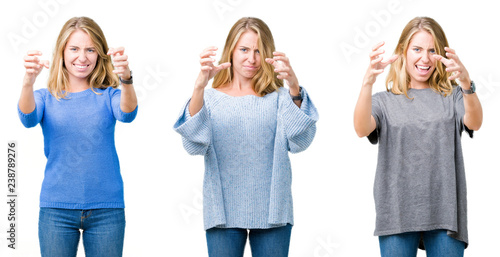 Collage of beautiful blonde woman over white isolated background Shouting frustrated with rage, hands trying to strangle, yelling mad
