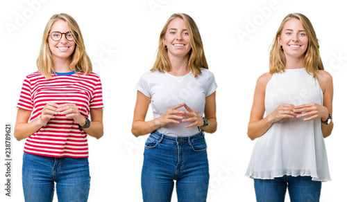 Collage of beautiful blonde woman over white isolated background Hands together and fingers crossed smiling relaxed and cheerful. Success and optimistic