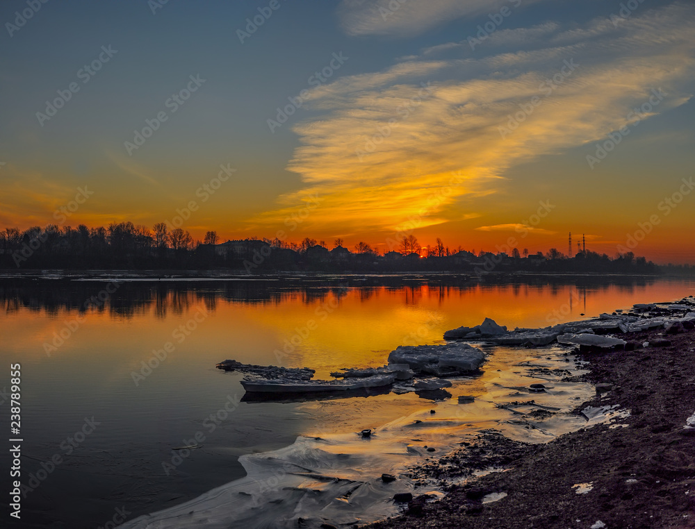 Frosty March dawn on the banks of the Neva river in St. Petersburg.