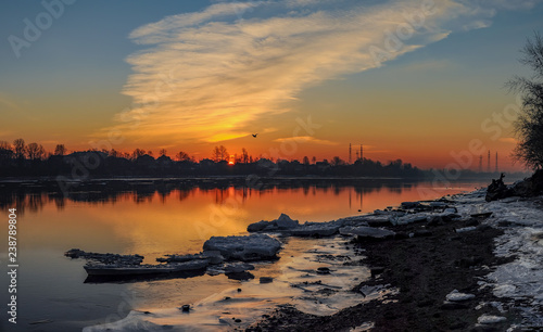 Frosty March dawn on the banks of the Neva river in St. Petersburg.