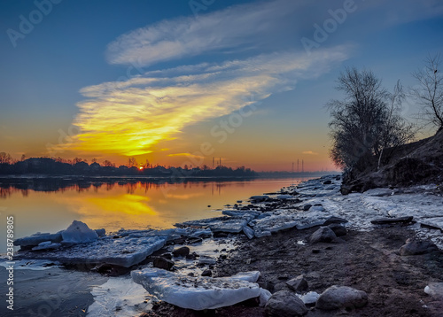 Frosty March dawn on the banks of the Neva river in St. Petersburg. © zoya54