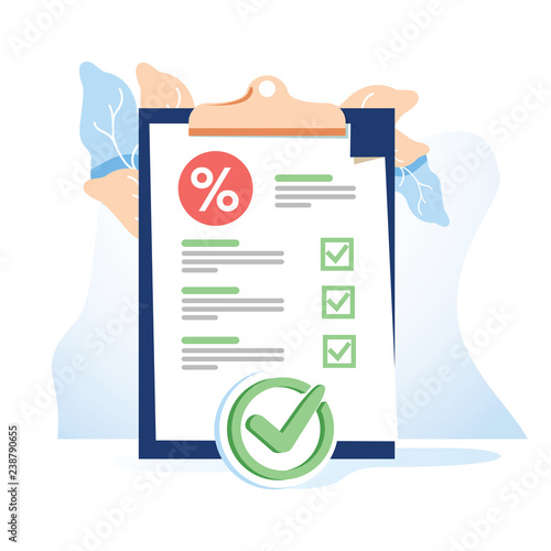 Vector flat illustration for web page or banner. Bank document of safe, dollars in a deposit or credit percent. Cashback