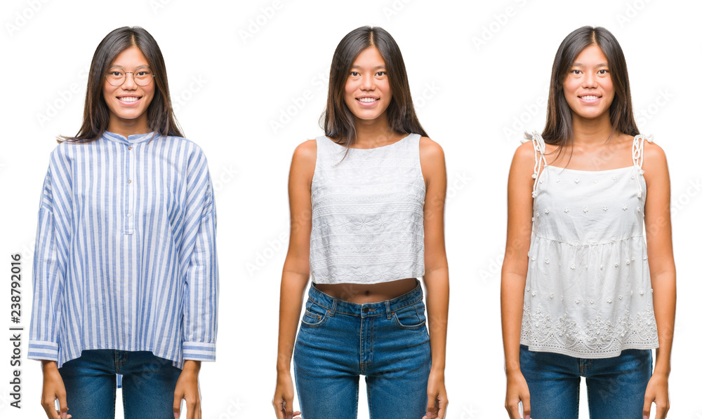 Collage of asian young woman standing wearing glasses over white isolated background with a happy and cool smile on face. Lucky person.