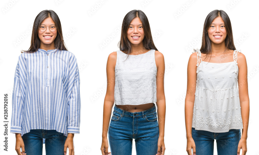 Obraz premium Collage of asian young woman standing wearing glasses over white isolated background with a happy and cool smile on face. Lucky person.