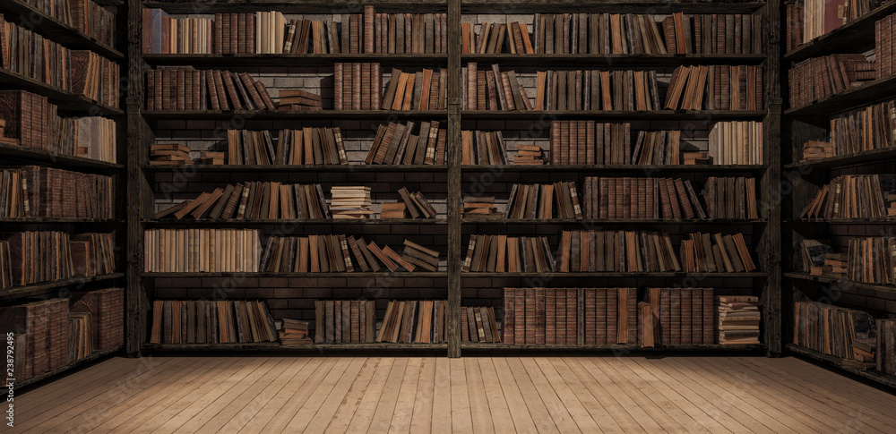 Bookshelves in the library with old books 3d render 3d illustration ...
