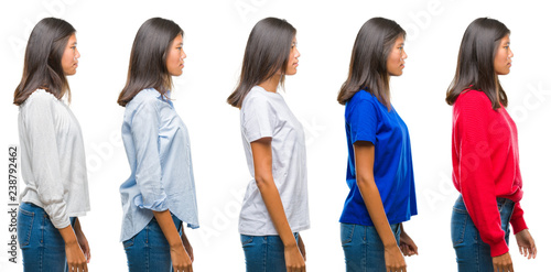 Composition of chinese asian woman over isolated background looking to side, relax profile pose with natural face with confident smile.