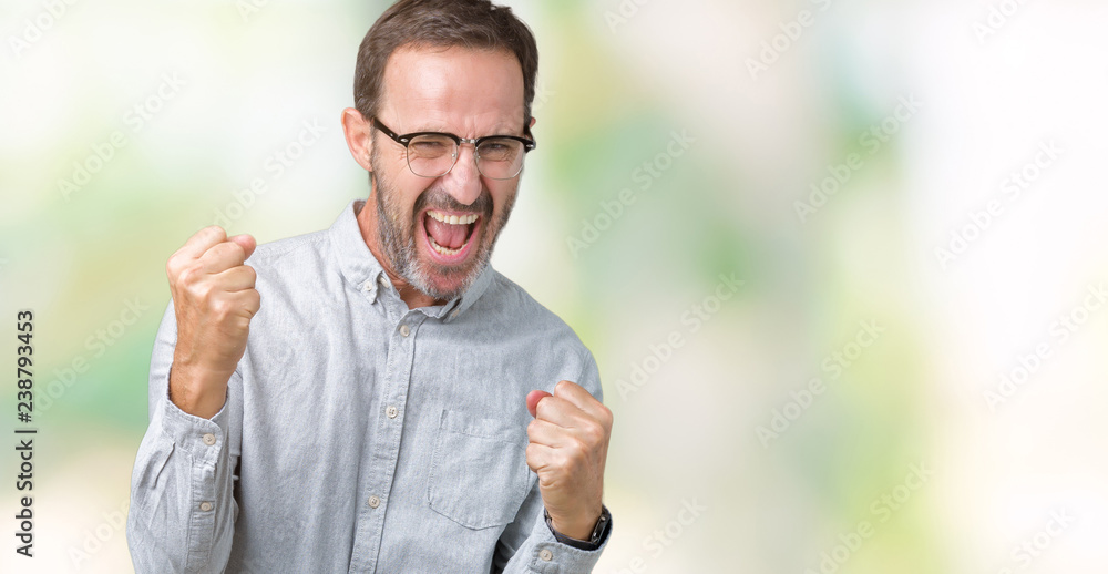 Handsome middle age elegant senior man wearing glasses over isolated background very happy and excited doing winner gesture with arms raised, smiling and screaming for success. Celebration concept. Handsome middle age elegant senior man wearing glasses over isolated background very happy and excited doing winner gesture with arms raised, smiling and screaming for success. Celebration concept.
