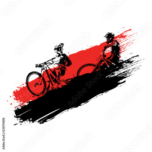 Silhoettes of riders on downhill bikes. Paint brush color.  Downhill moutine biking concept. 