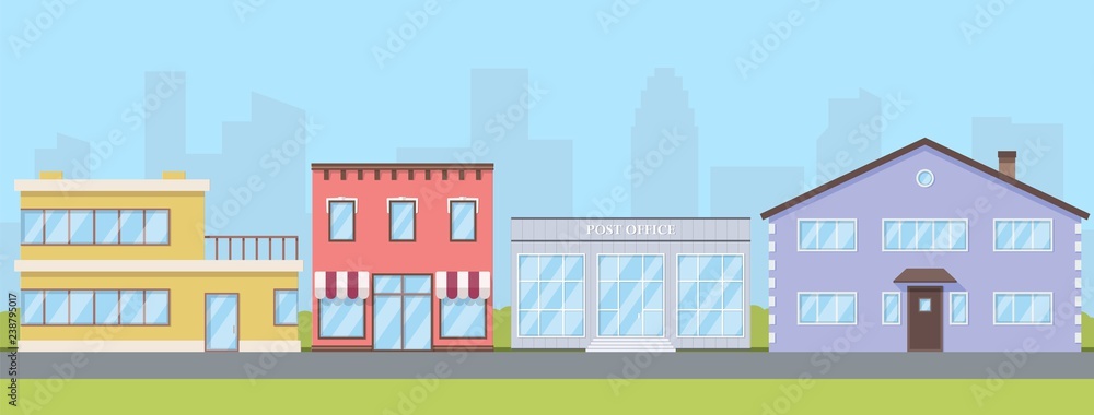 Street with different living houses. Cottages in a row. Suburban road. Apartment buildings and trees. Vector illustration.
