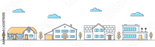 Street with different living houses. Cottages in a row. Suburban road. Apartment buildings and trees. Vector illustration.