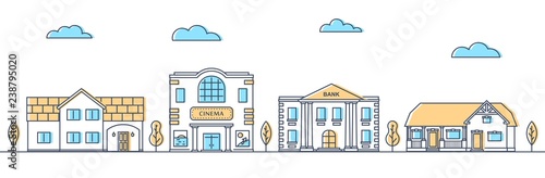Street with different houses. Cottages and public buildings in a row. Suburban road. Apartment buildings and trees. Vector illustration.