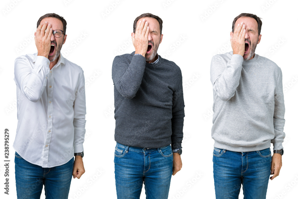 Collage of handsome senior man over white isolated background Yawning tired covering half face, eye and mouth with hand. Face hurts in pain. Collage of handsome senior man over white isolated background Yawning tired covering half face, eye and mouth with hand. Face hurts in pain.