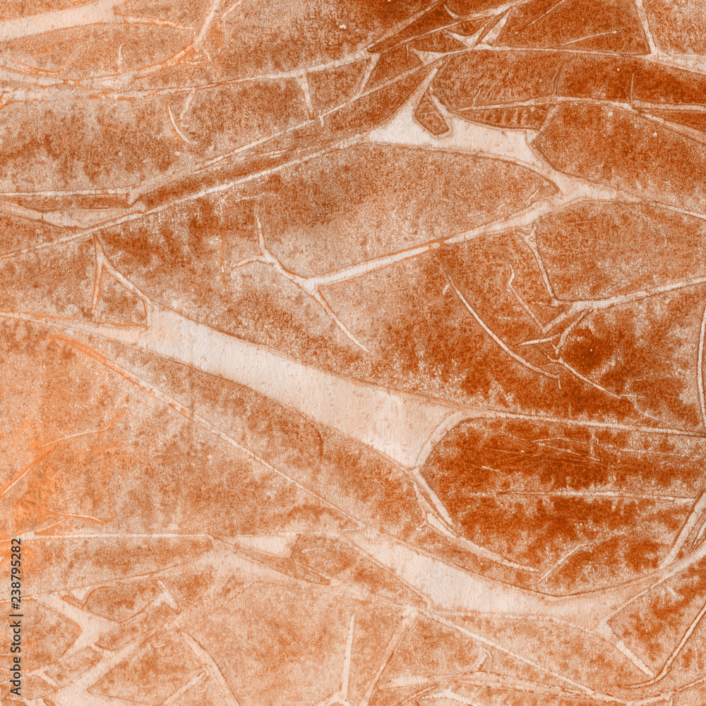 Fototapeta premium Orange watercolor texture with abstract washes and brush strokes on the white paper background.