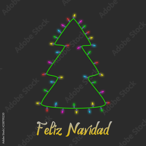 Colorful Christmas tree made of light bulb garland new year greeting card background. Feliz navidad