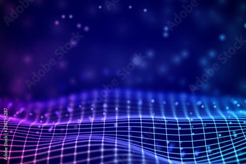 Virtual reality concept: 3D Blue-pink digital wireframe grid with floating particles. Digital landscape or sound waves visualization. Background for data and cyberspace. EPS 10 vector illustration.