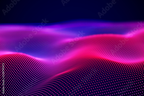 Abstract landscape of Neon digital particles or sound waves. Big data technology background. Visualization of sound waves. Virtual reality concept: 3D digital surface. EPS 10 vector illustration.
