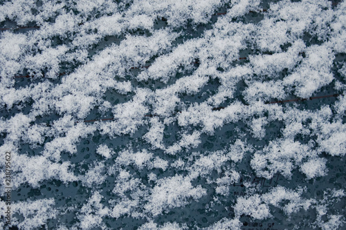 the texture of the snow,the frozen glass of the car