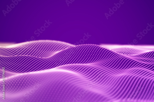 Abstract landscape of Pink digital particles or sound waves. Big data technology background. Visualization of sound waves. Virtual reality concept: 3D digital surface. EPS 10 vector illustration.