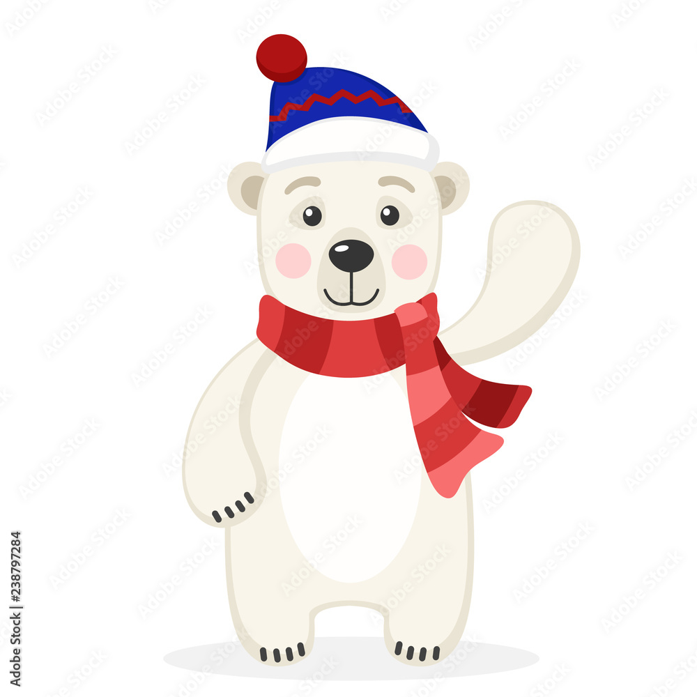 Polar bear in a scarf and hat waving his paw on a white. Polar bear in a scarf and hat waving his paw on a white.