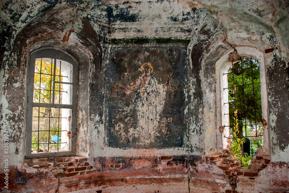 destroyed fresco in a destroyed church in the Rybinsk area