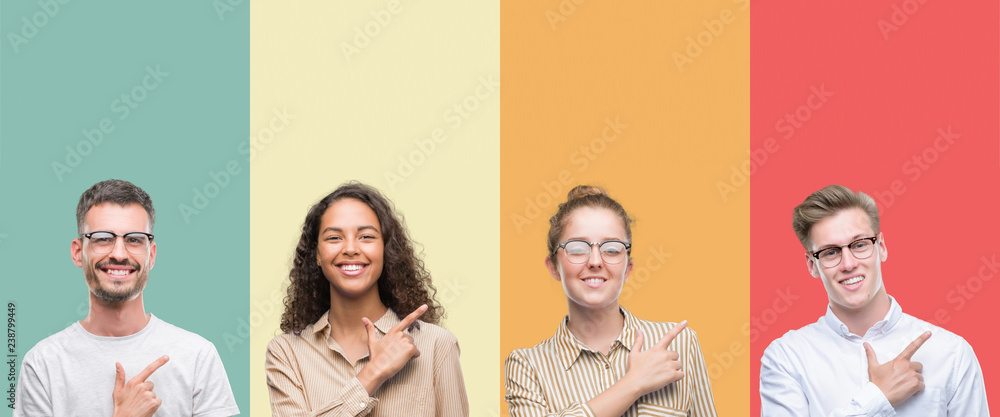 Collage of a group of people isolated over colorful background cheerful with a smile of face pointing with hand and finger up to the side with happy and natural expression on face
