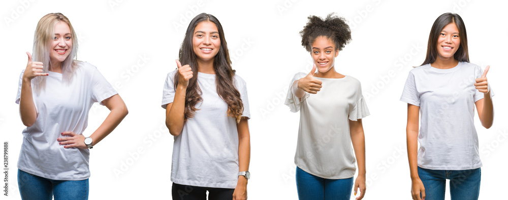 Obraz premium Collage of group of chinese, arab, african american woman over isolated background doing happy thumbs up gesture with hand. Approving expression looking at the camera with showing success.