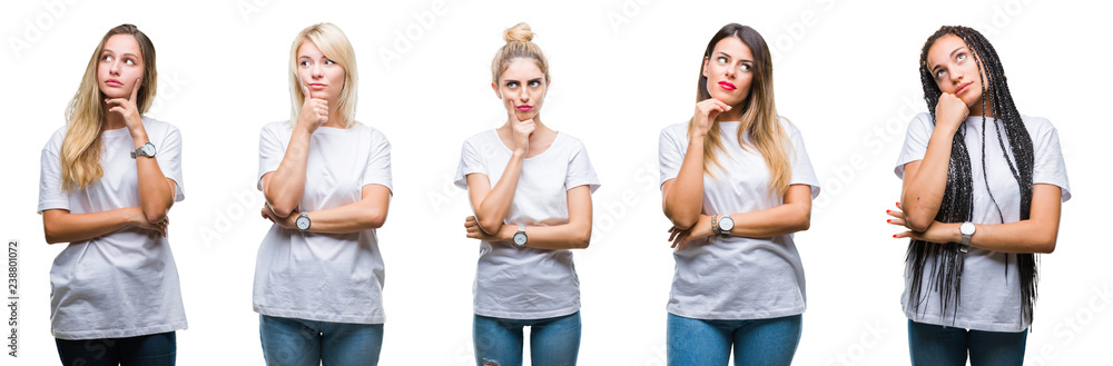 Collage of group of beautiful woman wearing casual white t-shirt over isolated background with hand on chin thinking about question, pensive expression. Smiling with thoughtful face. Doubt concept. Collage of group of beautiful woman wearing casual white t-shirt over isolated background with hand on chin thinking about question, pensive expression. Smiling with thoughtful face. Doubt concept.