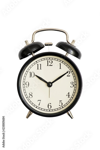 Black alarm clock isolated on white. Black vintage alarm clock isolated on white background