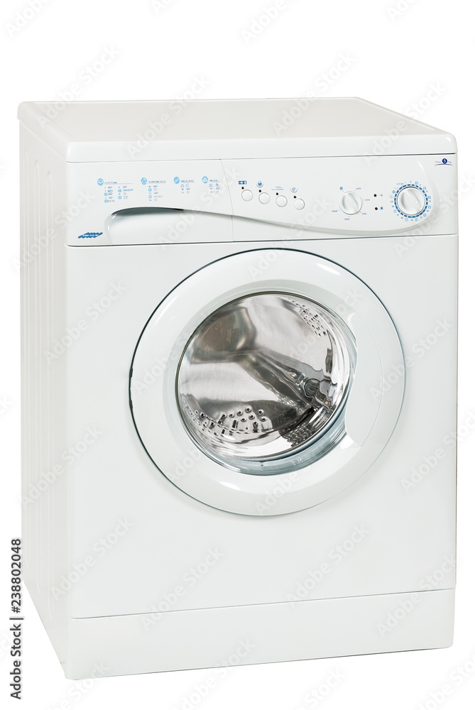 White Front Load Washing Machine Isolated on White Background. Household and Domestic Appliance.