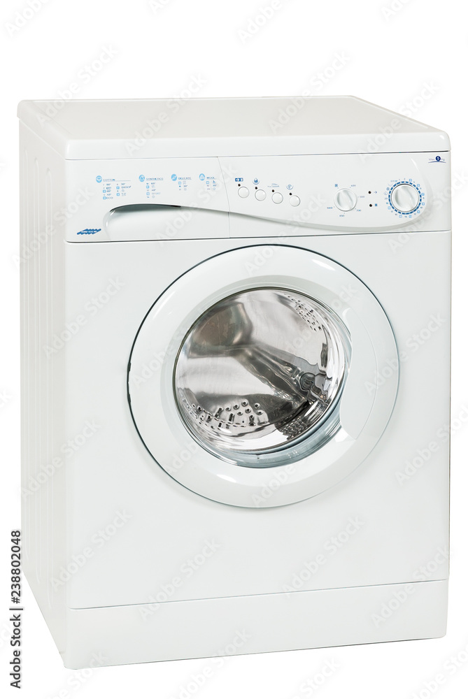 White Front Load Washing Machine Isolated on White Background. Household and Domestic Appliance. White Front Load Washing Machine Isolated on White Background. Household and Domestic Appliance.