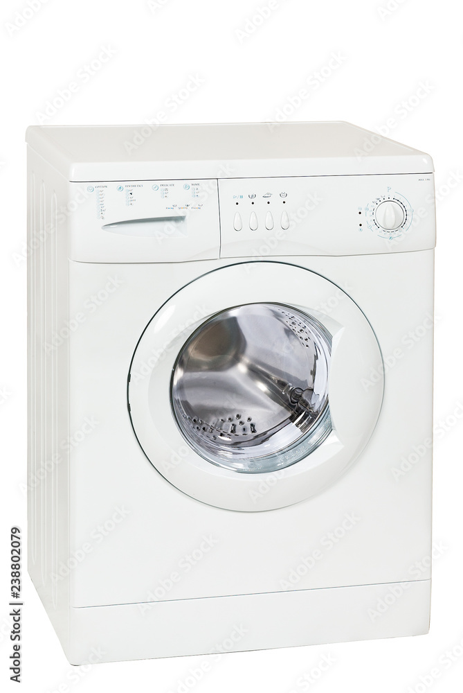 White Front Load Washing Machine Isolated on White Background. Household and Domestic Appliance.