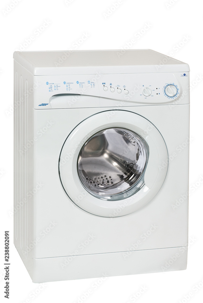 White Front Load Washing Machine Isolated on White Background. Household and Domestic Appliance. White Front Load Washing Machine Isolated on White Background. Household and Domestic Appliance.