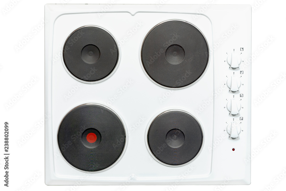 Fototapeta premium Hob, four electric burners made of metal. View from above. Isolated on white background.