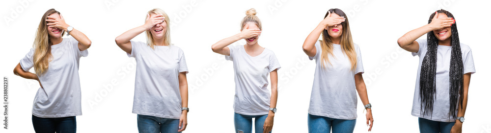 Collage of group of beautiful woman wearing casual white t-shirt over isolated background smiling and laughing with hand on face covering eyes for surprise. Blind concept.