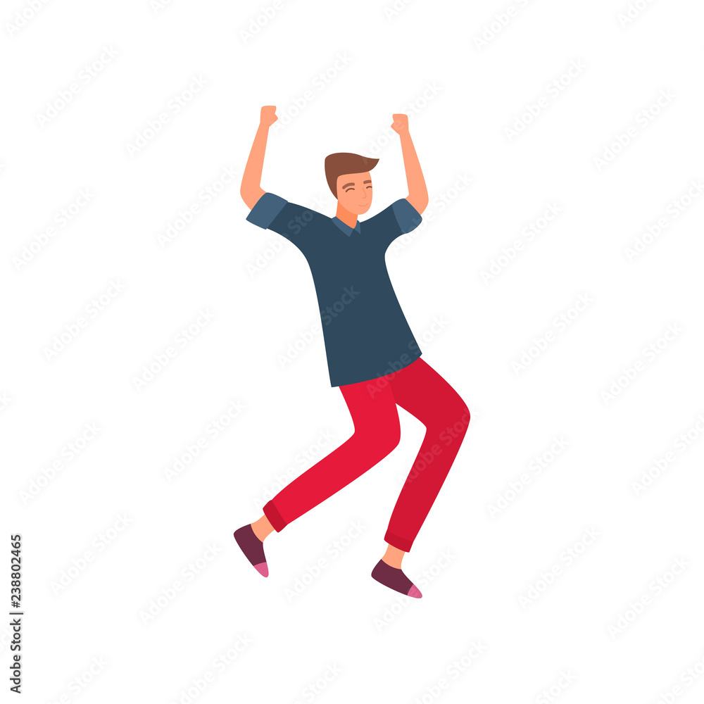 Young beautiful man in fashionable clothes jumping from happiness and fun.