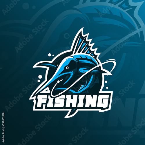 fish marlin mascot logo design vector with modern illustration concept style for badge, emblem and tshirt printing. fish marlin jumping illustration with fishing rod